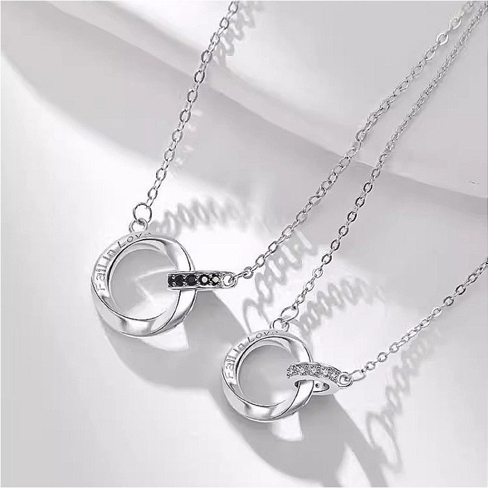 Anyco Necklace 925 Silver for Women Double Ring Miniature Design Pendant Rhodium Platting Cubic Zirconia 5A Jewelry