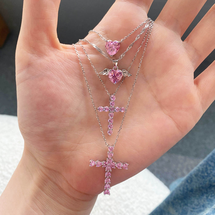 Anyco Necklace 925 Silver for Women Pink Cross Link Pendants Cubic Zirconia Diamond Rhodium Platting Jewelry