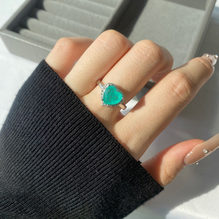 Anyco Ring CZ 5A Wedding Jewelry 925 Sterling Silver Ring Emerald Heart Shape Synthetic Paraiba Rings For Women