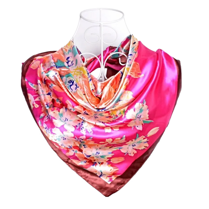 Anyyou Scarf for Women Dark Pink Printed Polyester Silk Big Square Silk 90*90cm Satin For Spring Summer Autumn Winter