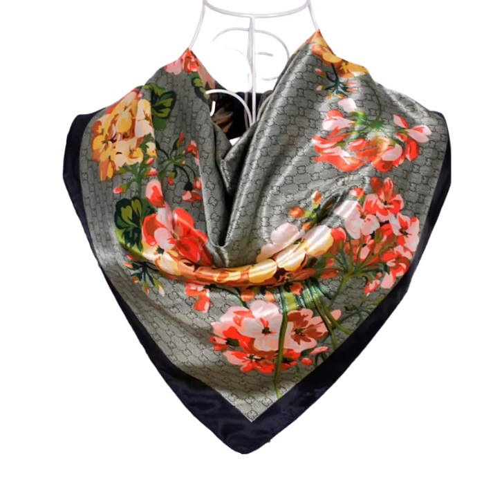 Anyyou Scarf for Women Floral Green Print Black Square Silk Shawl For Summer Spring And Fall