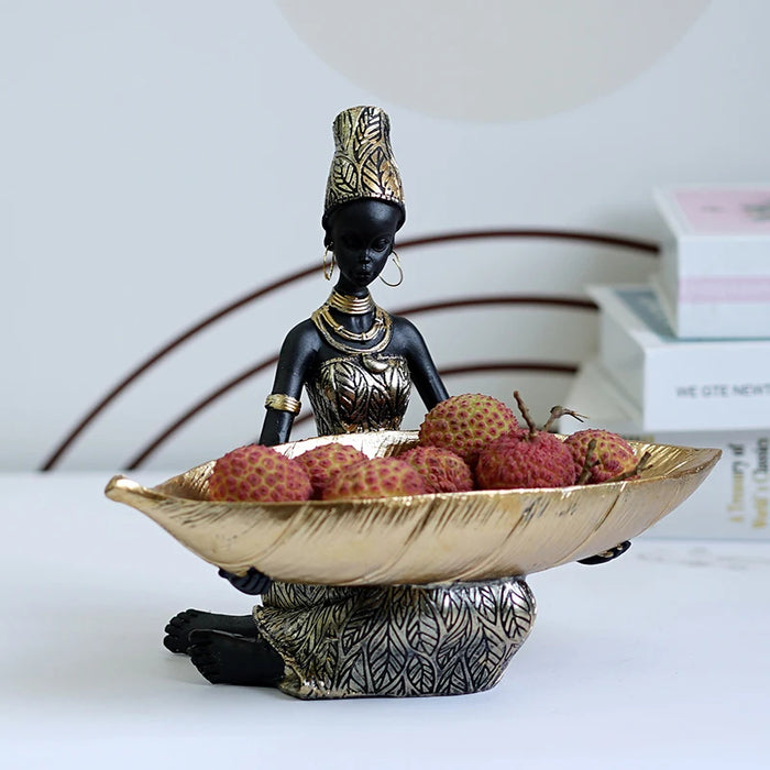 Anyhouz Home Figurine African Black Woman Storage Statue Exotic Figurines Home Interior Desktop Decor Keys Candy Container Craft Item