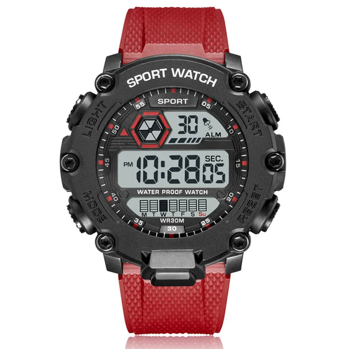 Anyco Watch Red Waterproof Sports Electronic Digital Stopwatch for Man with PU Strap