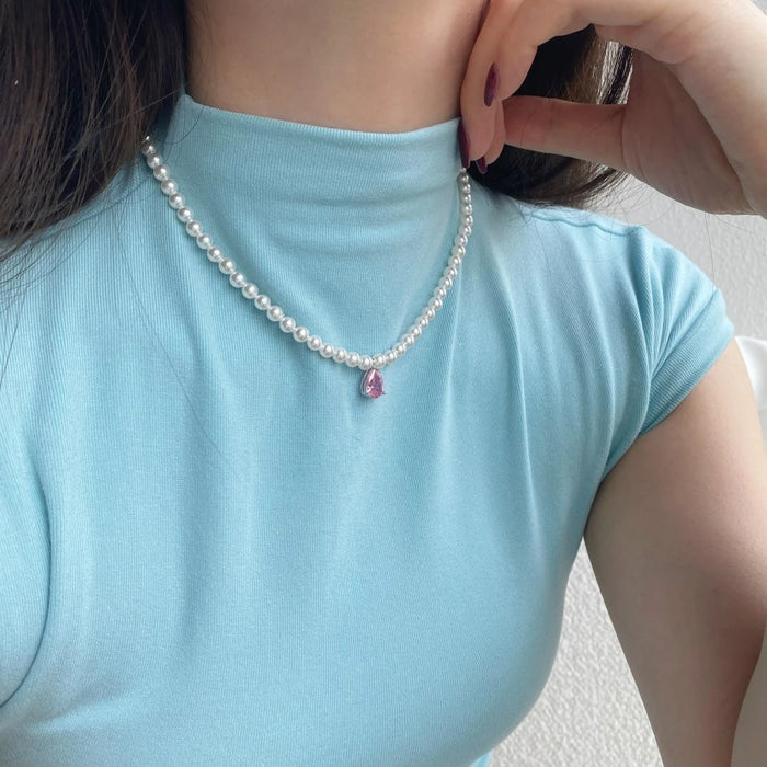 Anyco Necklace 925 Silver for Women Pink Pearl Chain Drop Charm Pendant Rhodium Platting Jewelry