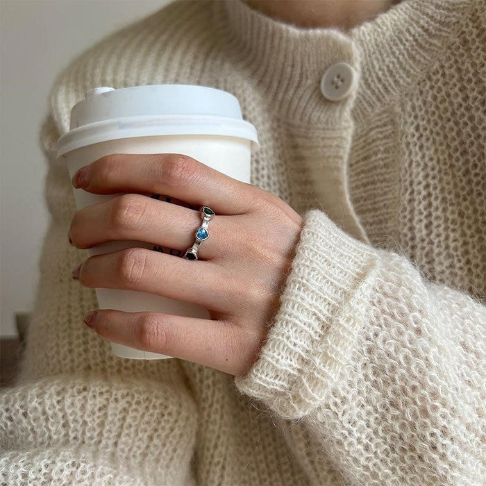 Anyco Ring Pink Dainty Handmade Jewelry Stackable Open Adjustable Rings 925 Sterling Silver Smile Face Cute Beaded Ring