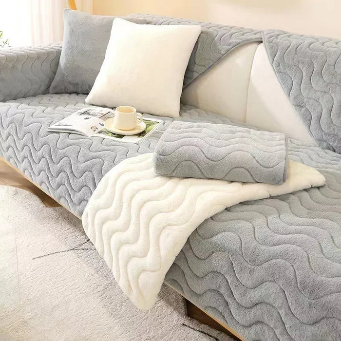 Anyhouz Sofa Towel Super Soft Wave Gray Rabbit Plush Quilted Couch Cover L-shaped Sectional Anti-slip Sofa Cover