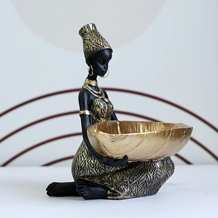 Anyhouz Home Figurine African Black Woman Storage Statue Exotic Figurines Home Interior Desktop Decor Keys Candy Container Craft Item