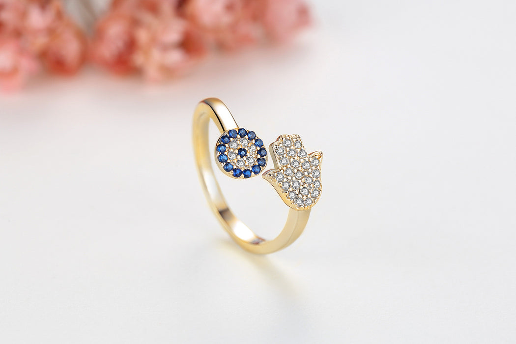 Anyco Ring Dainty Blue Eye Rhodium CZ 5A Micro Pave Hamsa Hand Adjustable Rings For Women