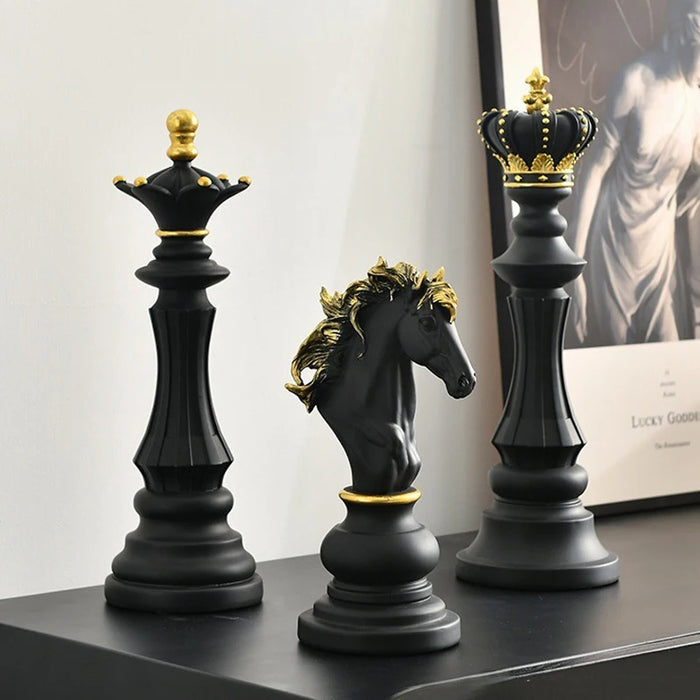 Anyhouz Home Figurine 3pc Chess Piece Black Resin for Living Room Desktop Decoration Accessories Gifts