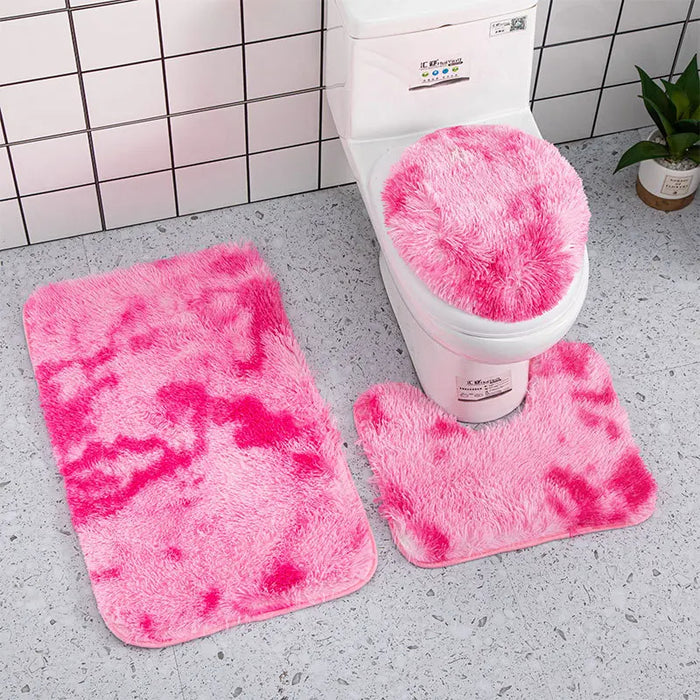 Anyhouz Bath Mat 3pc Rose Pink Bathroom Silk Tie-Dye Toilet Soft Non Slip Rug Shower Carpets Toilet Lid Cover Floor Mats for Hallway