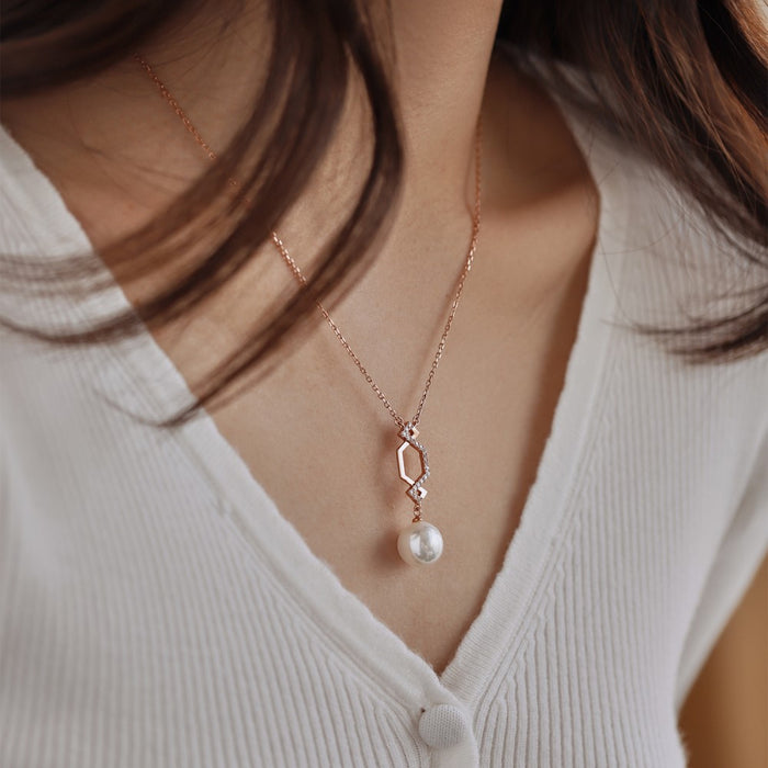 Anyco Necklace 925 Silver for Women Minimalist Pearl Link Chain Pendant Rose Gold Platting Jewelry