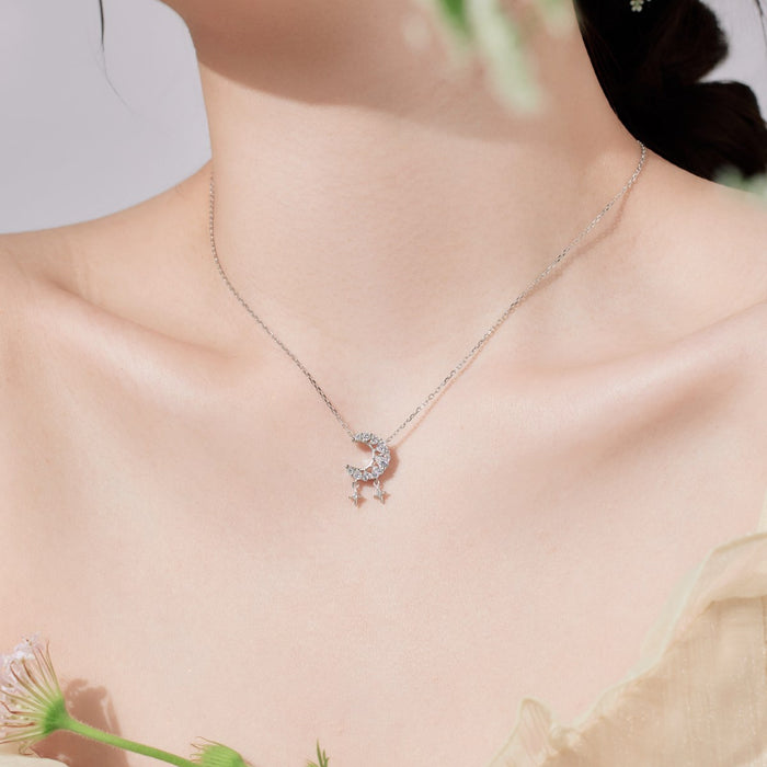 Anyco Necklace 925 Silver for Women Crescent  Star Moon Pendant Rhodium Platting Cubic Zirconia 5A Jewelry