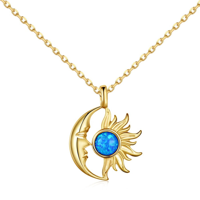 Anyco Necklace 925 Silver for Women Half Moon and Sun Aquamarine Blue Pendant Rhodium Platting 18K Jewelry