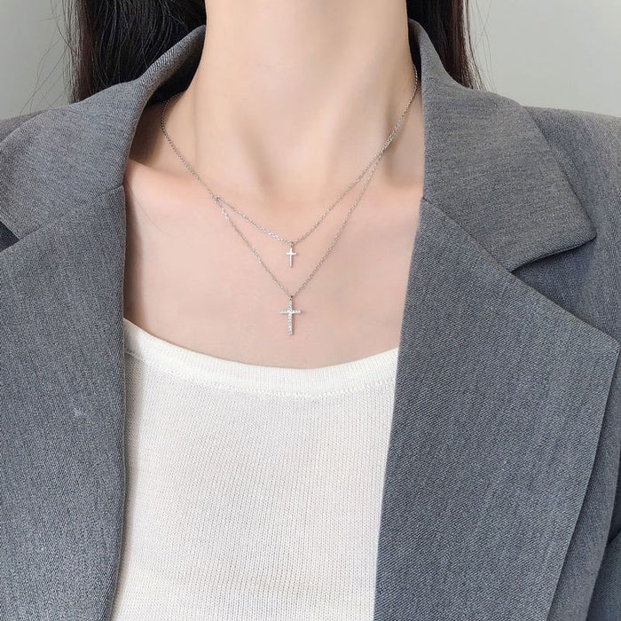 Anyco Necklace 925 Silver for Women Double Layer Crossed Layered Rhodium Platting Jewelry