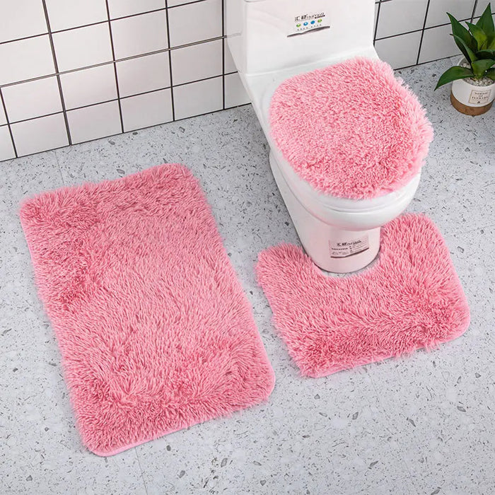 Anyhouz Bath Mat 3pc Pink Bathroom Silk Tie-Dye Toilet Soft Non Slip Rug Shower Carpets Toilet Lid Cover Floor Mats for Hallway