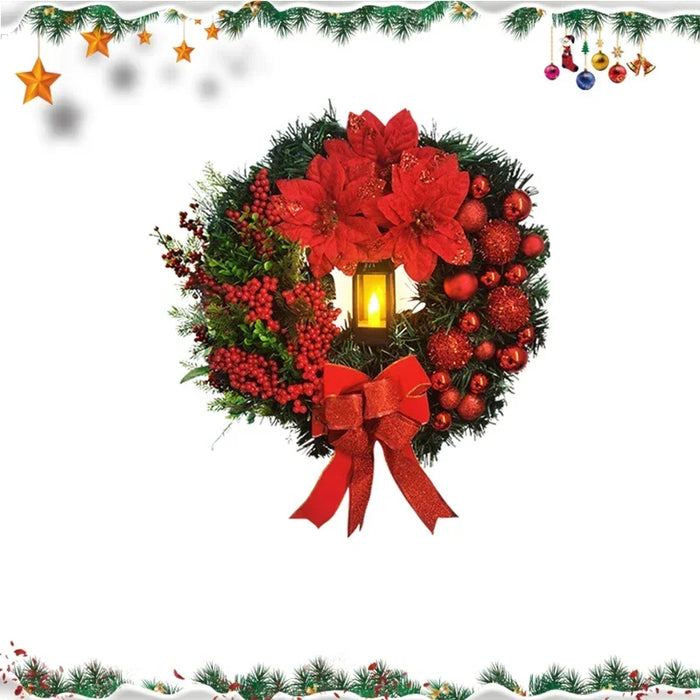 Anyhouz Christmas Wreath With Red Ornaments Poinsettia Flower Lantern Light Lamp Hanging Holiday Decor