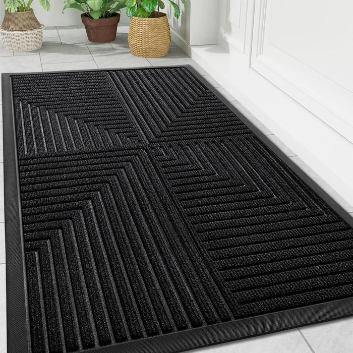 Anyhouz Doormat Black 4 Corner Stripe Rubber Non Slip Dirt Trap Absorbent Mat