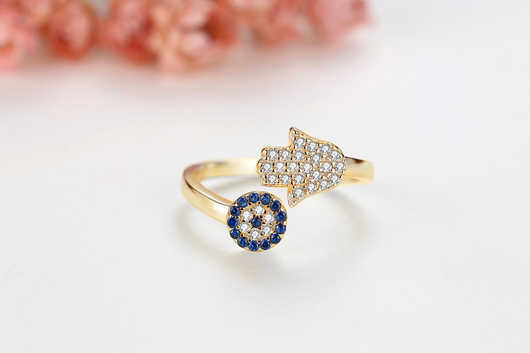 Anyco Ring Dainty Blue Eye Rose Gold CZ5A Micro Pave Hamsa Hand Adjustable Rings For Women