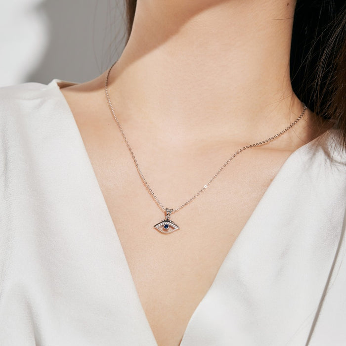 Anyco Necklace 925 Silver for Women Sapphire Blue Eye Pendant Rhodium Platting CZ 5A Jewelry