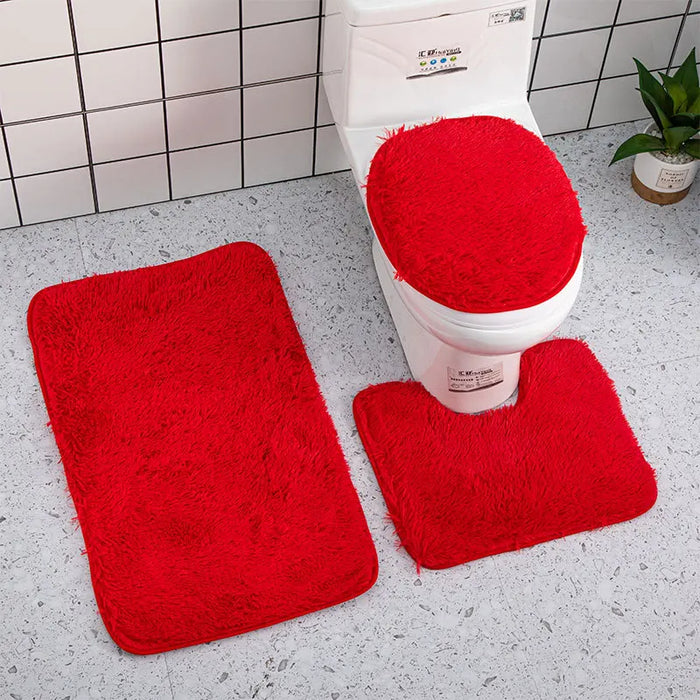 Anyhouz Bath Mat 3pc Red Bathroom Silk Tie-Dye Toilet Soft Non Slip Rug Shower Carpets Toilet Lid Cover Floor Mats for Hallway