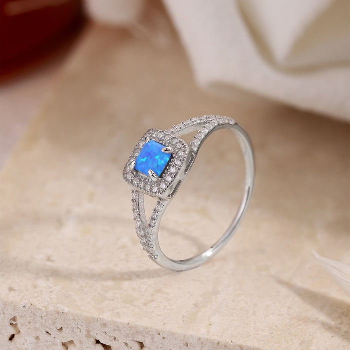 Anyco Ring 925 Sterling Silver CZ 5A Stone Square Blue Opal Gem Delicate Minimal Simple Trendy Geometric Jewelry