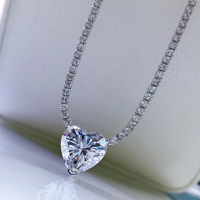 Anyco Necklace 925 Silver for Women Diamond Chain Link Clear Heart Shape Pendant Rhodium Platting Cubic Zirconia 5A 8ct Jewelry