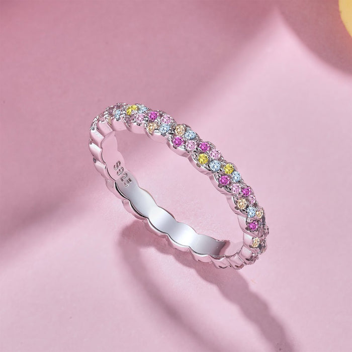 Anyco Ring S925 Sterling Silver Ring Rainbow Color Diamond CZ 5A Rings Jewelry Women