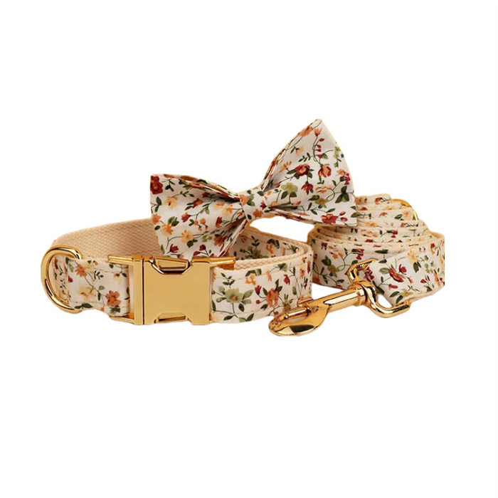 Anywags Pet Bow Collar Leash Set White Floral Stylish Accessory with Safety Buckle Durable Strap