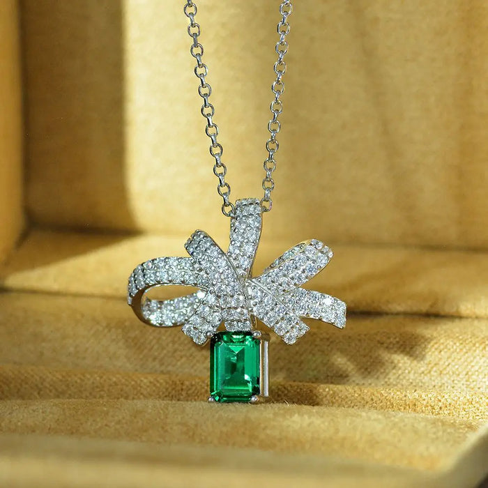 Anyco Necklace 925 Silver for Women Good Quality Emerald Diamond Bow Rhodium Platting Cubic Zirconia 8A Jewelry