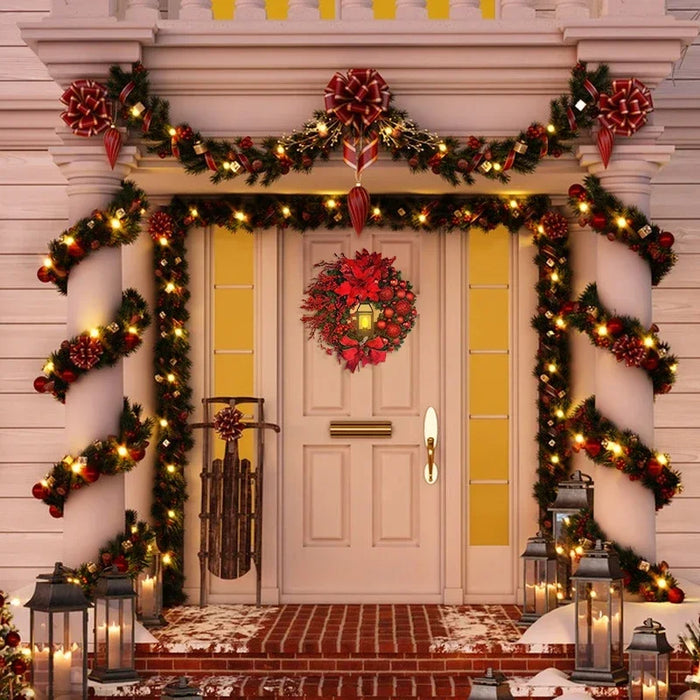 Anyhouz Christmas Wreath With Gold Ornaments Lantern Light Lamp Hanging Holiday Decor