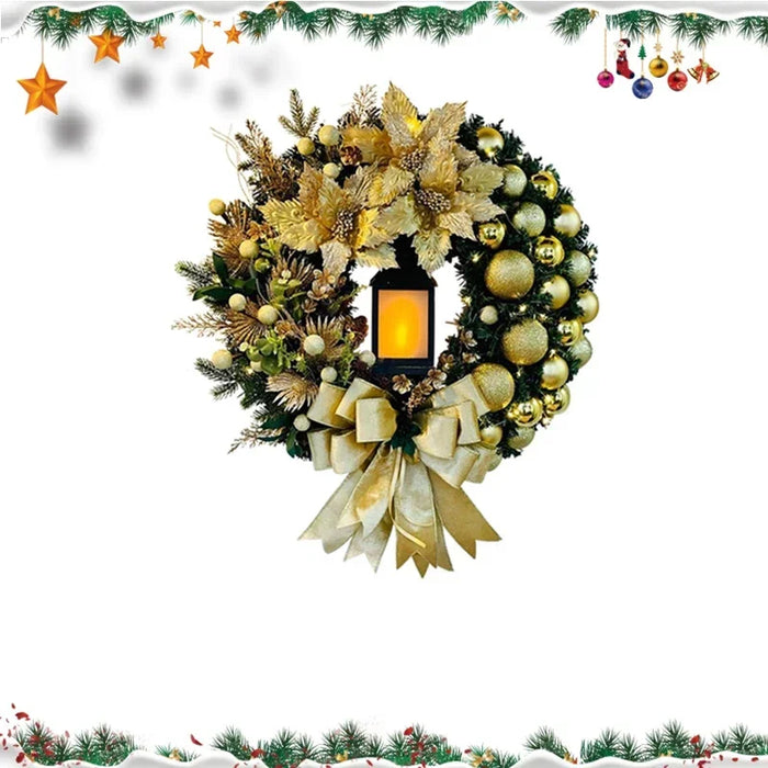 Anyhouz Christmas Wreath With Gold Ornaments Lantern Light Lamp Hanging Holiday Decor