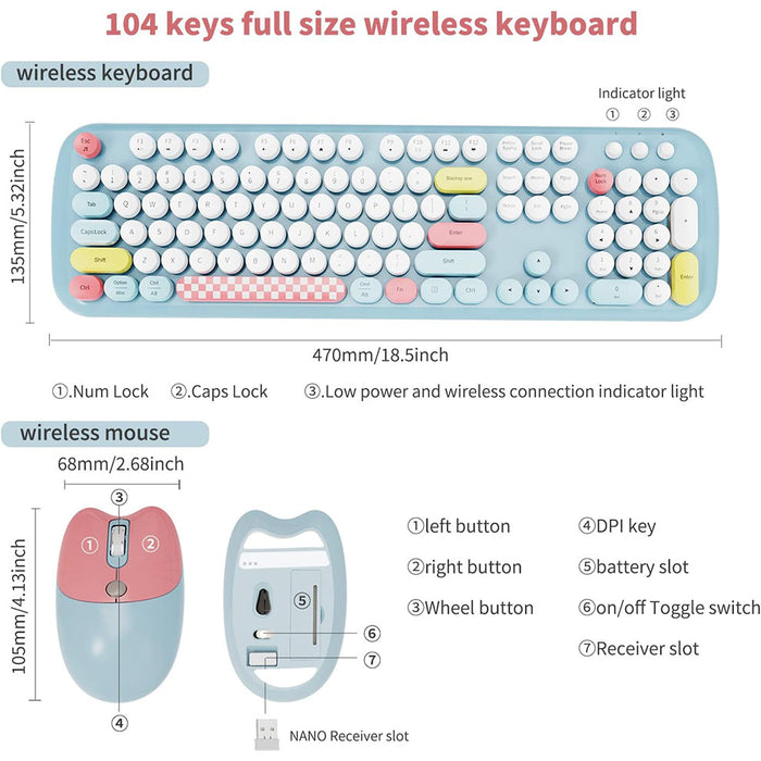 Anymob Bluetooth Keyboard And Mouse Combo Set Pink Retro Design Wireless Soft Touch Keys