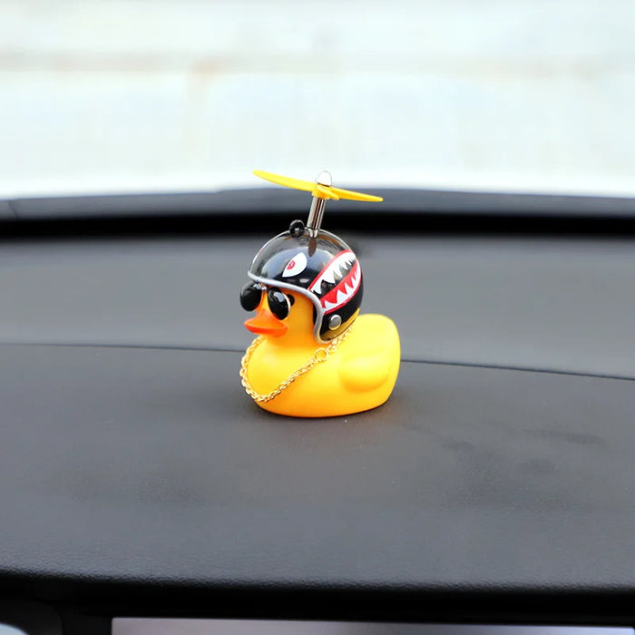 Anypack Car Ornaments Rubber Yellow Duck  for Car Dashboard Decorations Cool Glasses Duck with Propeller Helmet Gold Chain