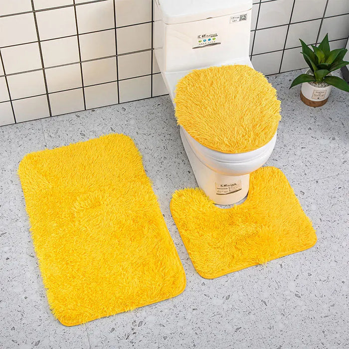 Anyhouz Bath Mat 3pc Yellow Bathroom Silk Tie-Dye Toilet Soft Non Slip Rug Shower Carpets Toilet Lid Cover Floor Mats for Hallway