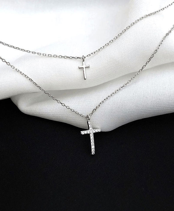 Anyco Necklace 925 Silver for Women Double Layer Crossed Layered Rhodium Platting Jewelry