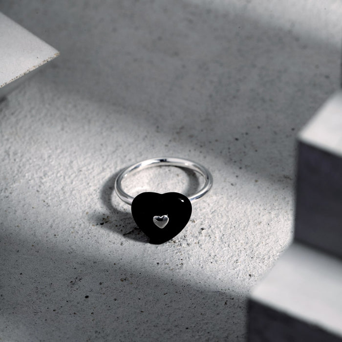 Anyco Ring Simple Metallic Style Rhodium Plated Sterling 925 Silver Black Heart Ring For Women