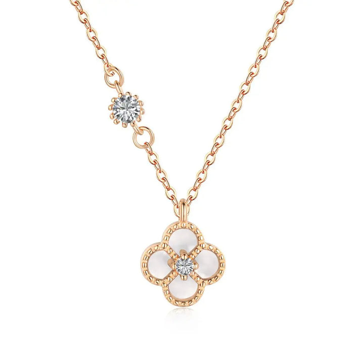 Anyco Necklace 925 Silver for Women White Lucky Four Leaf Clover Rose Gold Platting Cubic Zirconia 5A Jewelry