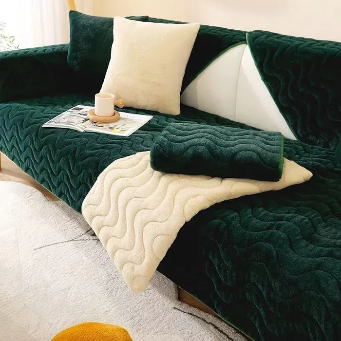 Anyhouz Sofa Towel Super Soft Wave Dark Green Rabbit Plush Quilted Couch Cover L-shaped Sectional Anti-slip Sofa Cover