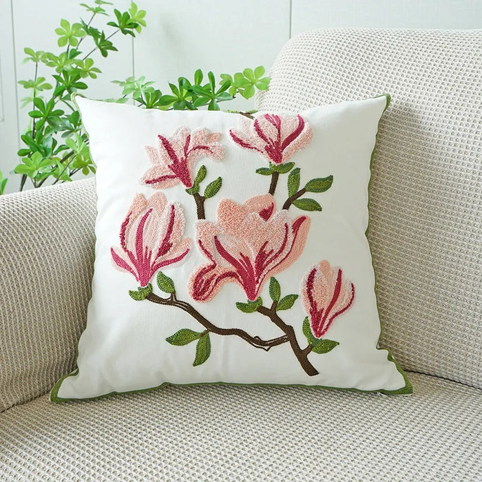 Anyhouz Pillowcase White With Pink Magnolia Flower Embroidered Decorative Cushion Cover