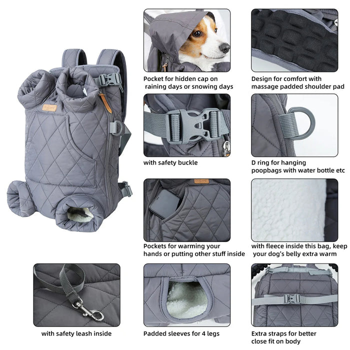 Anywags Pet Carrier Grey Cozy Backpack for Winter with Hoodie and Pockets for Pet Supplies for Small to Medium Dogs