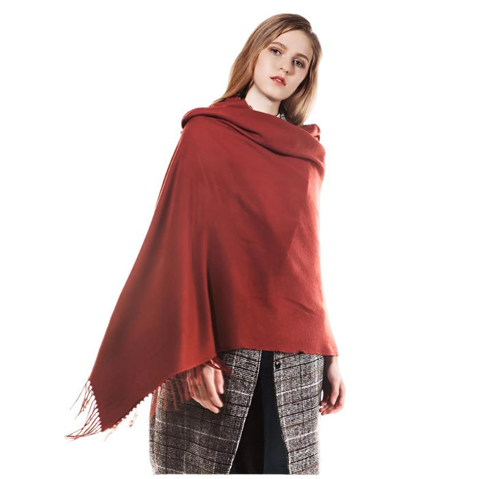 Anyyou Scarf Red Plain Cashmere Autumn Winter Pashmina Shawl Tassel Bandana