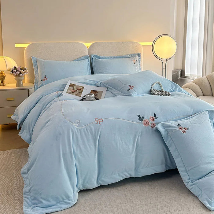 Anyhouz Duvet Cover Set Light Blue Flat Bed Sheet Cozy Heavy Fluffy Floral Embroidery Quilt Bedding