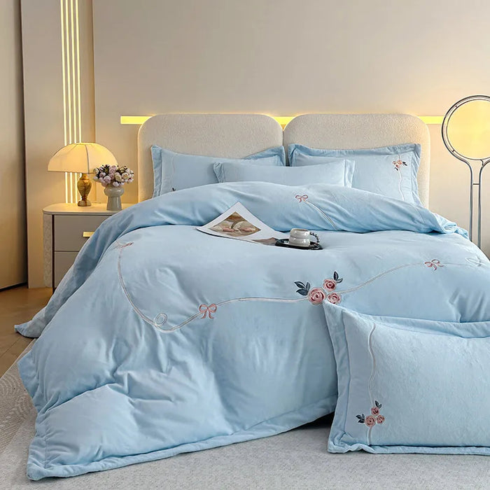 Anyhouz Duvet Cover Set Light Blue Flat Bed Sheet Cozy Heavy Fluffy Floral Embroidery Quilt Bedding