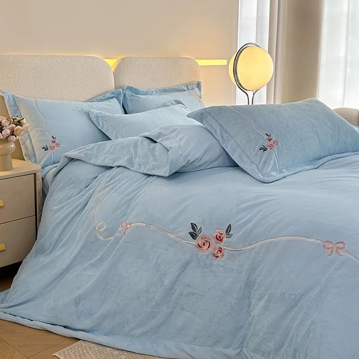 Anyhouz Duvet Cover Set Light Blue Flat Bed Sheet Cozy Heavy Fluffy Floral Embroidery Quilt Bedding