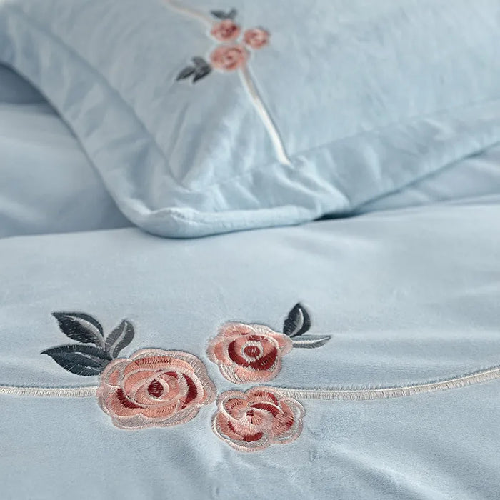 Anyhouz Duvet Cover Set Light Blue Flat Bed Sheet Cozy Heavy Fluffy Floral Embroidery Quilt Bedding