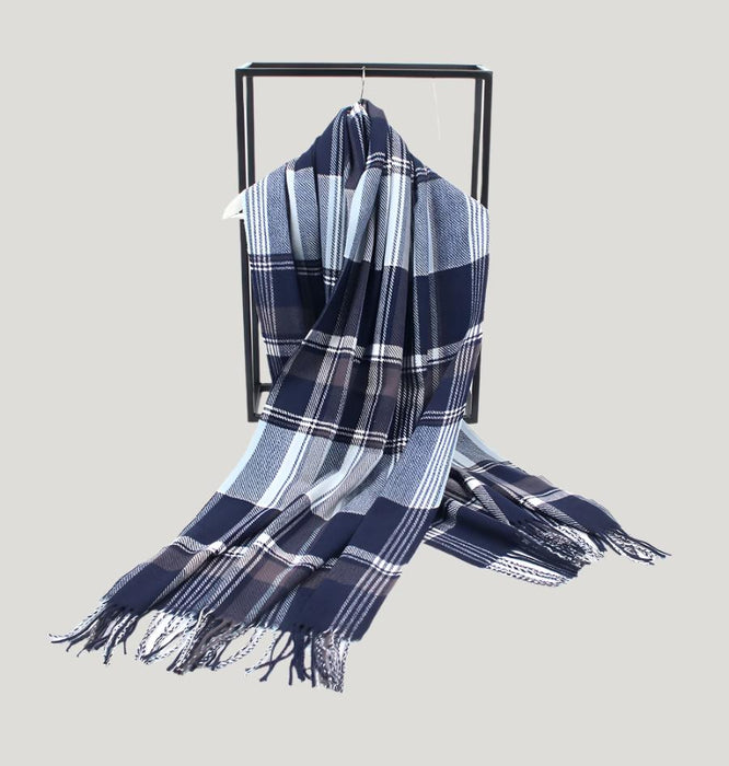 Anyyou Scarf Navy Blue Plaid Cashmere Winter Pashmina Shawl Tassel Bandana