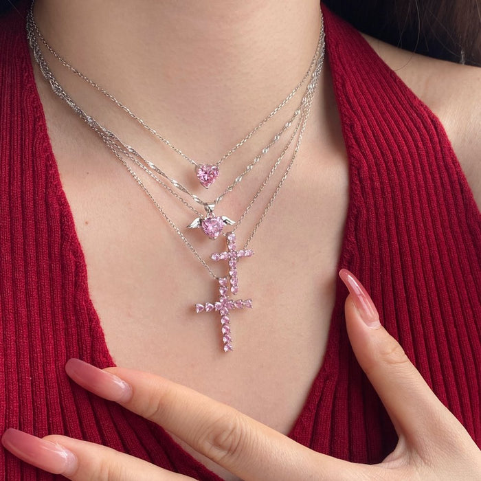 Anyco Necklace 925 Silver for Women Pink Cross Link Pendants Cubic Zirconia Diamond Rhodium Platting Jewelry