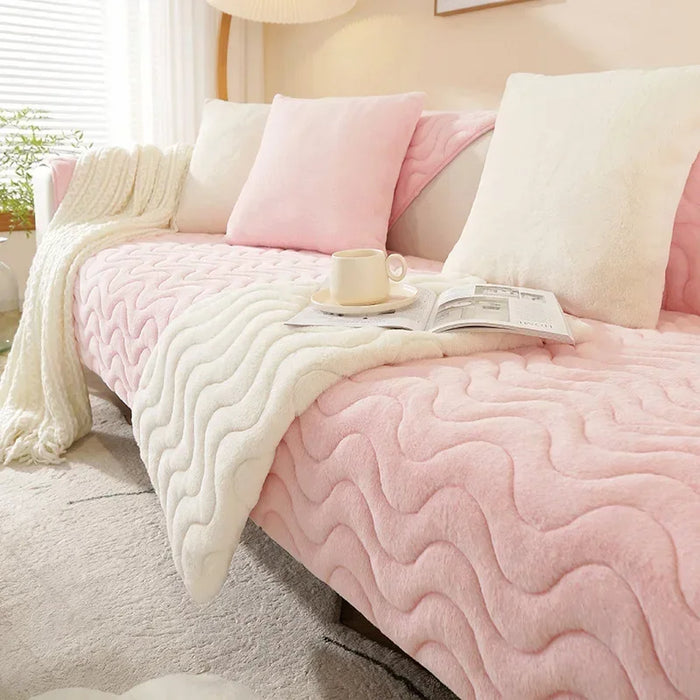 Anyhouz Sofa Towel Super Soft Wave Pink Rabbit Plush Quilted Couch Cover L-shaped Sectional Anti-slip Sofa Cover