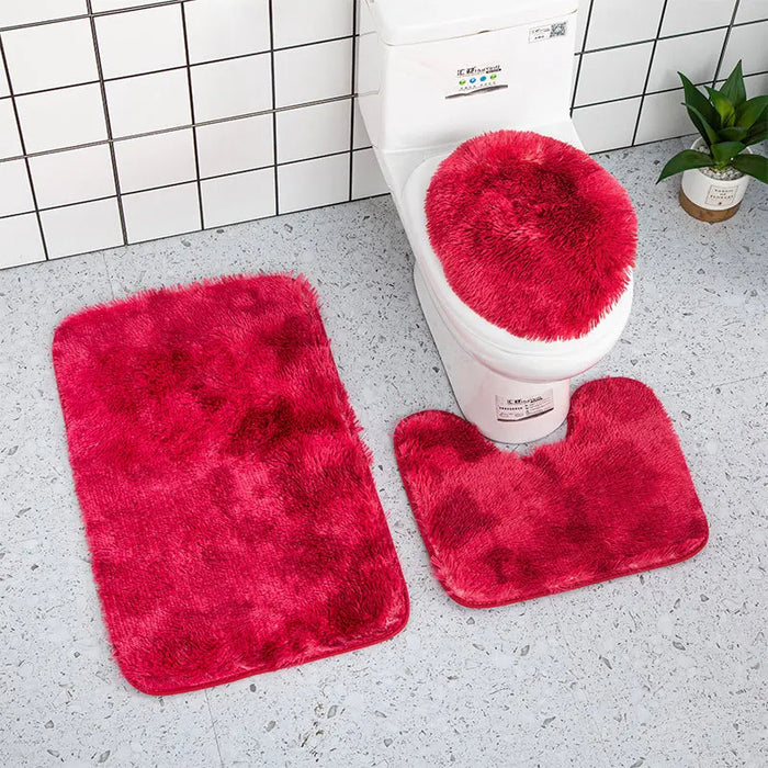 Anyhouz Bath Mat 3pc Wine Red Bathroom Silk Tie-Dye Toilet Soft Non Slip Rug Shower Carpets Toilet Lid Cover Floor Mats for Hallway