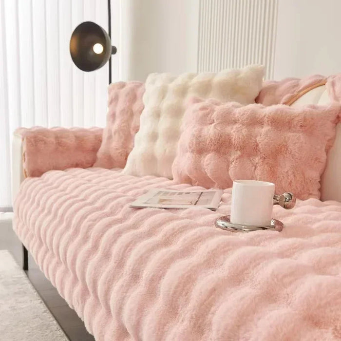 Anyhouz Sofa Towel Super Soft Rabbit Plush Pink Thicken Bubble Velvet Non-slip Sectional Sofa Cover Non-slip L-shaped Couch Cover